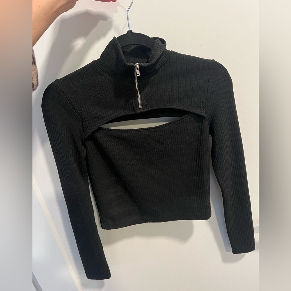 REVOLVE Black Ribbed Cutout Zip Mock Neck Sweater